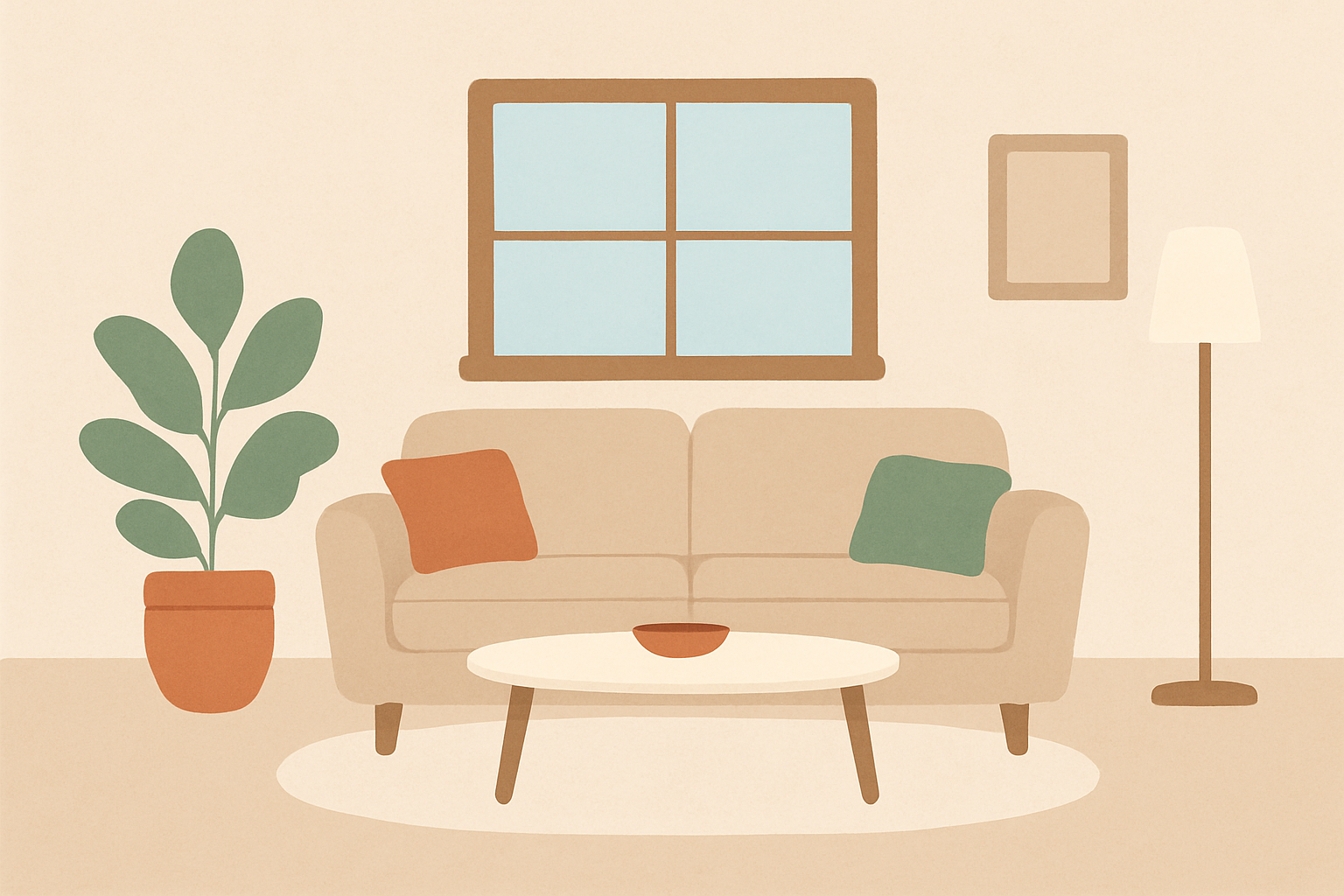 A cozy, peaceful living room featuring soft lighting, comfortable seating, and calming decor elements designed to create a safe and nurturing environment for anxiety relief and healing